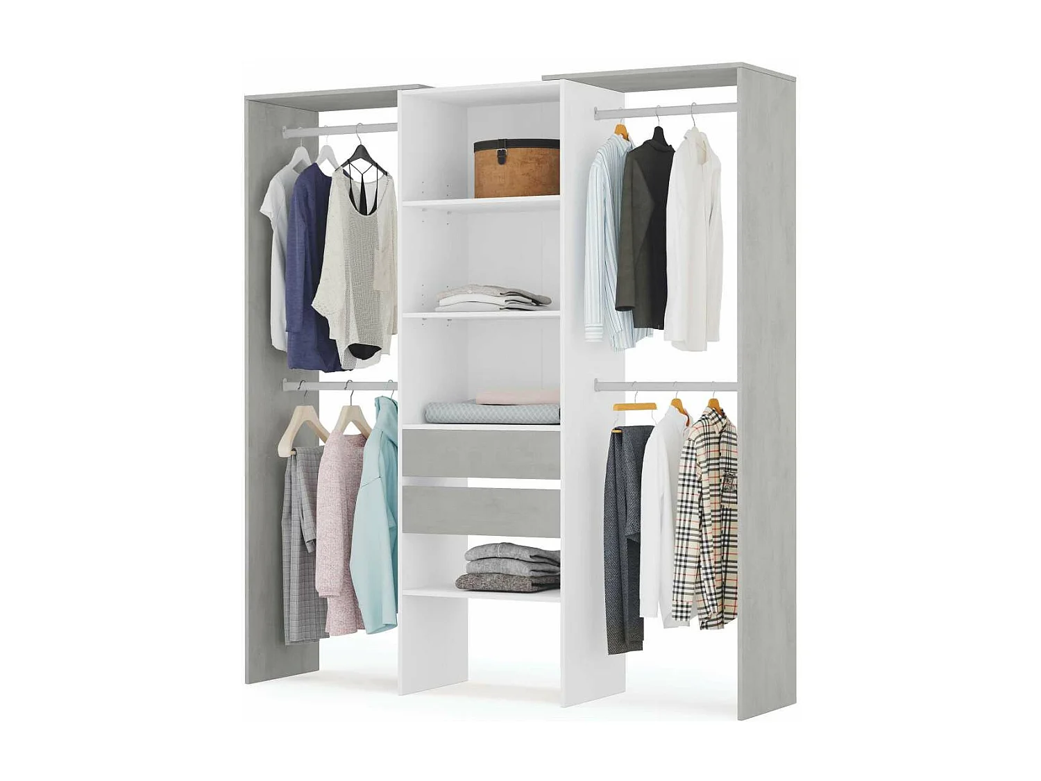 Vestidor para dormitorio con baldas y dos cajones acabado blanco artik/cemento, 202cm(alto