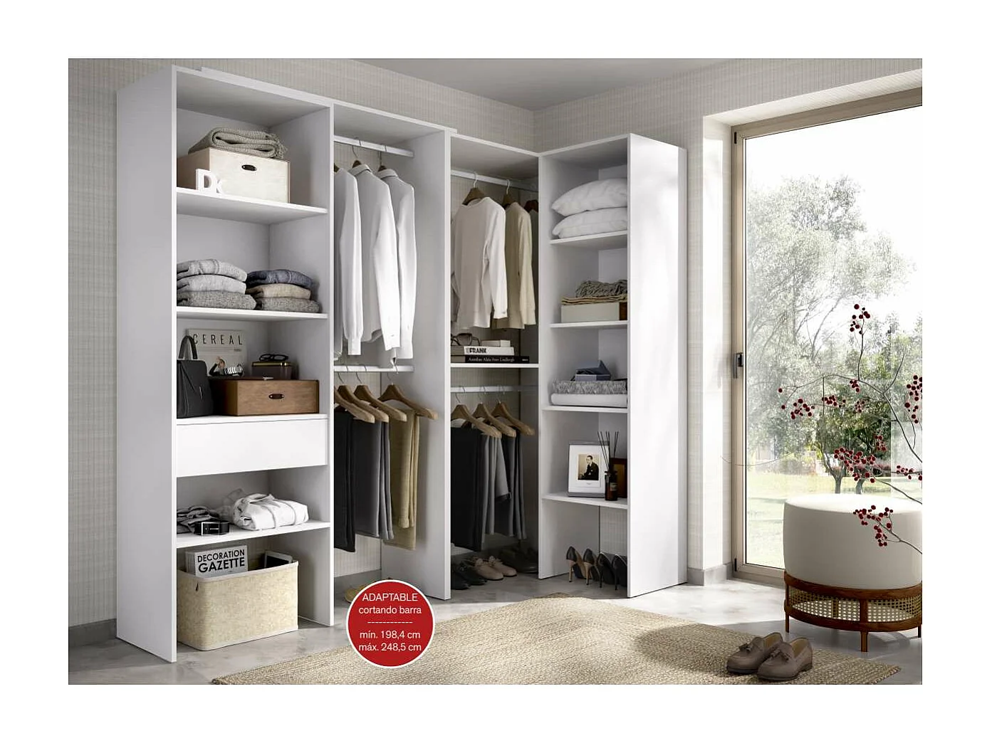 Vestidor de rincón Luz 3 color blanco, 248cm(ancho) 79.5cm(fondo) 187cm(alto).