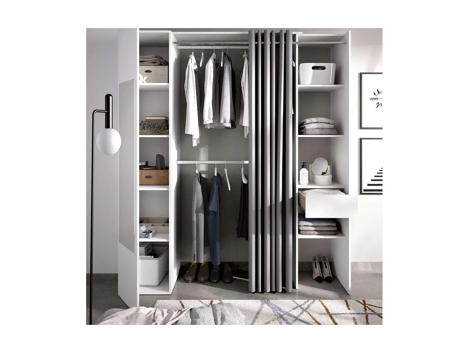 Vestidor Rus I con columna cerrada  espejo cortina y baldas en blanco 205 cm(alto)177,4 cm