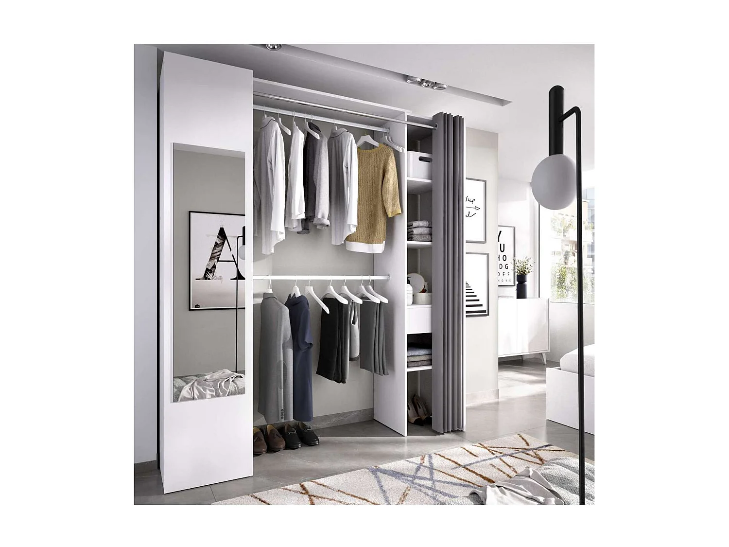 Vestidor Rus I con columna cerrada  espejo cortina y baldas en blanco 205 cm(alto)177,4 cm