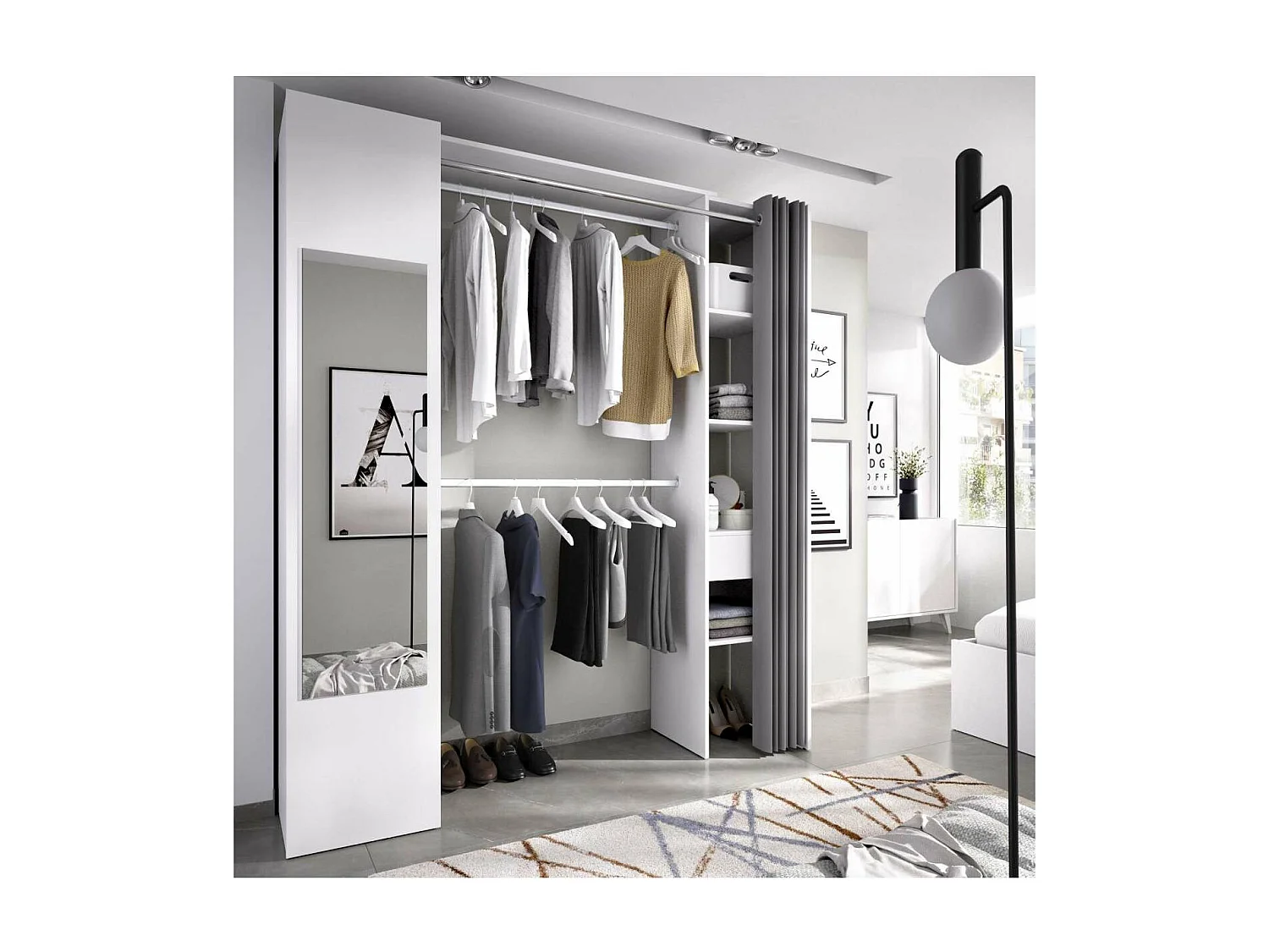 Vestidor Rus I con columna cerrada  espejo cortina y baldas en blanco 205 cm(alto)177,4 cm