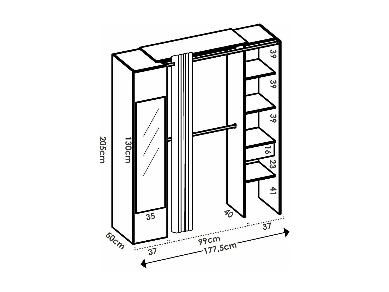 Vestidor Rus I con columna cerrada  espejo cortina y baldas en blanco 205 cm(alto)177,4 cm