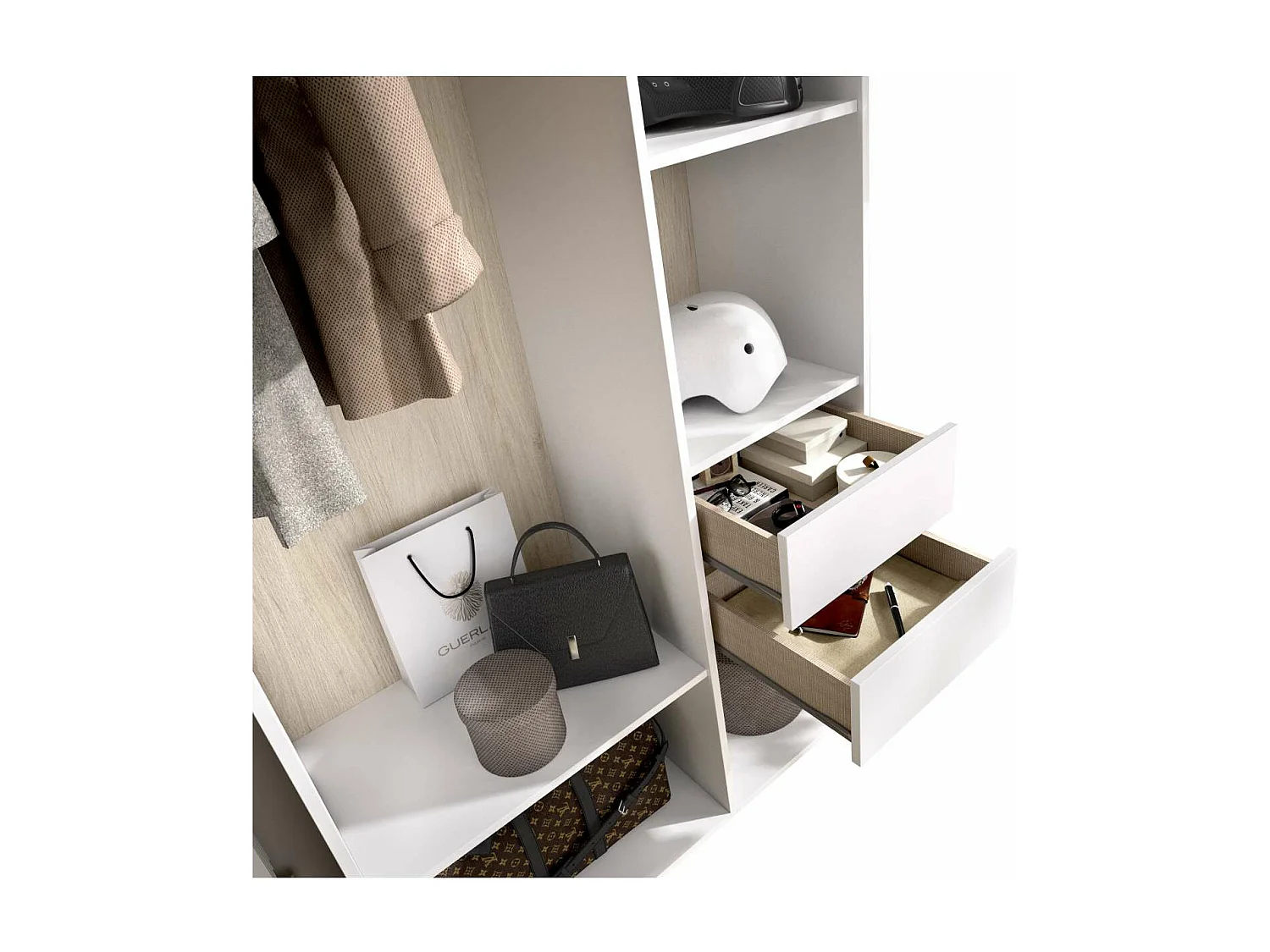 Vestidor Reus 2 cajones y trasera reversible en blanco/natural, 205cm(alto) 98cm(ancho) 45