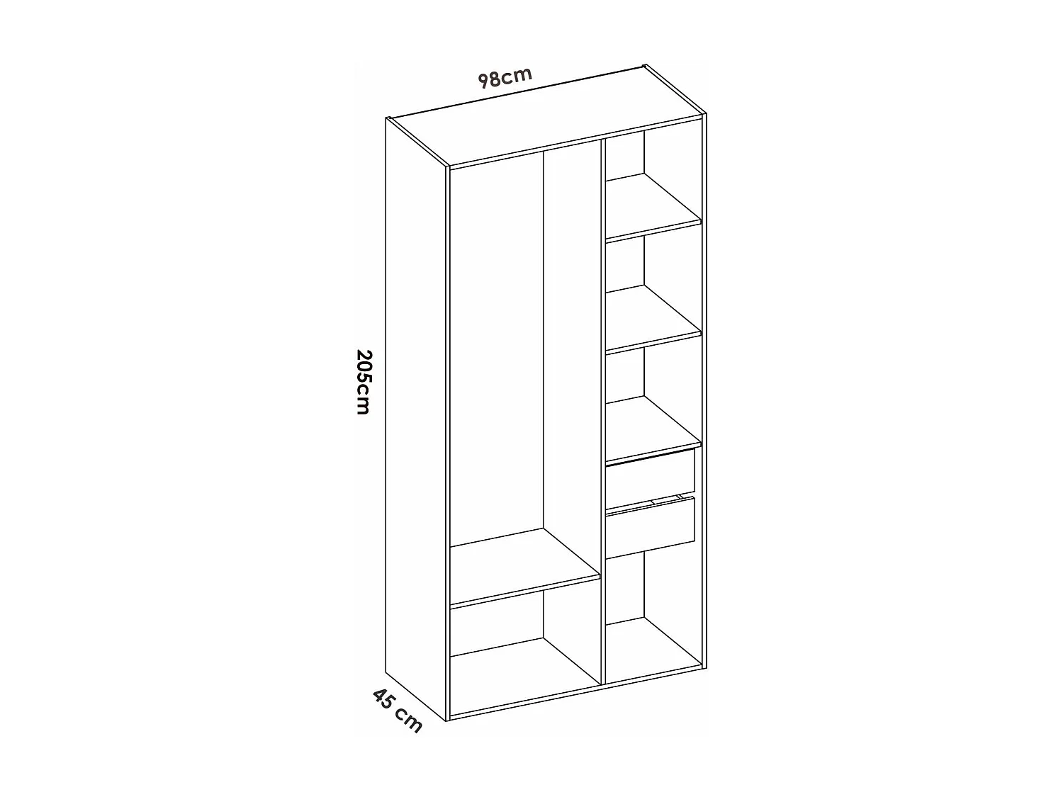 Vestidor Reus 2 cajones y trasera reversible en blanco/natural, 205cm(alto) 98cm(ancho) 45