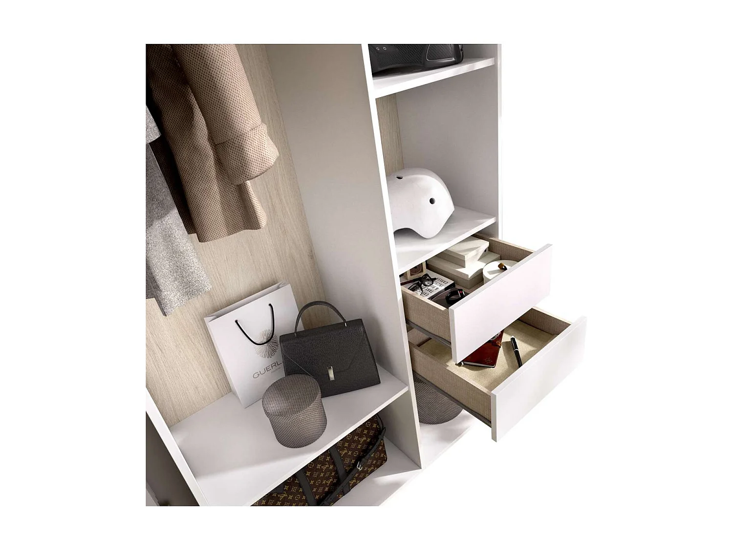 Vestidor Reus 2 cajones y trasera reversible en blanco/natural, 205cm(alto) 98cm(ancho) 45
