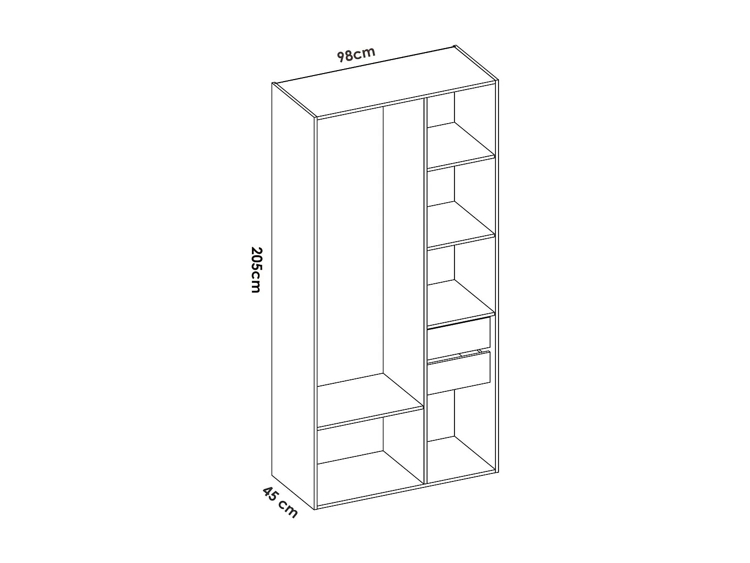 Vestidor Reus 2 cajones y trasera reversible en blanco/natural, 205cm(alto) 98cm(ancho) 45