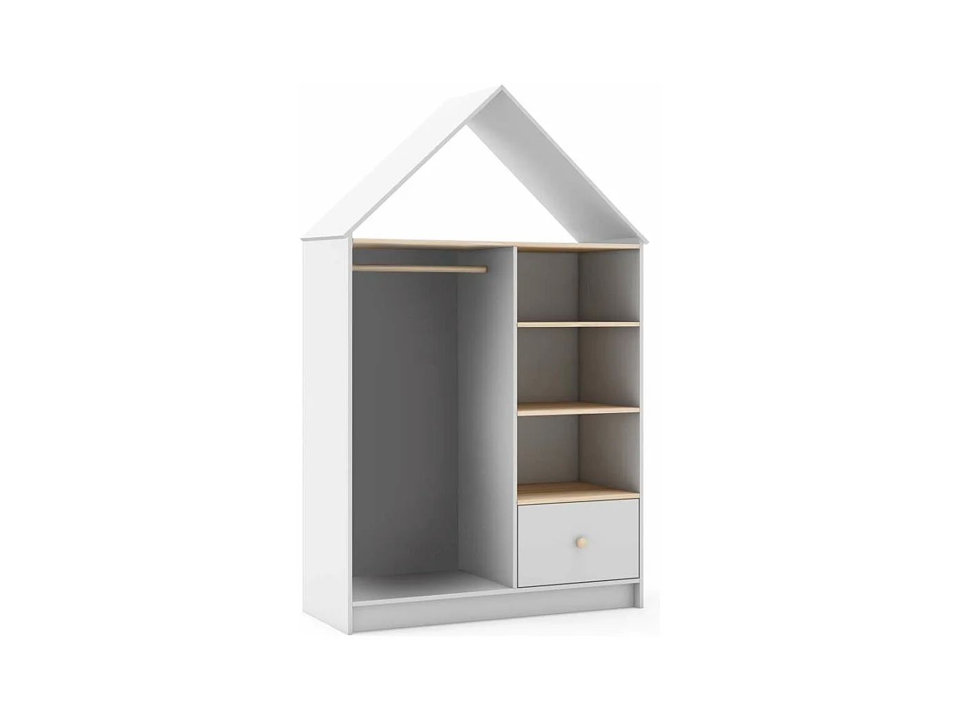 Vestidor juvenil tipo casita Estela 3 huecos y 1 cajón en blanco/cera blanca, 180cm(alto)