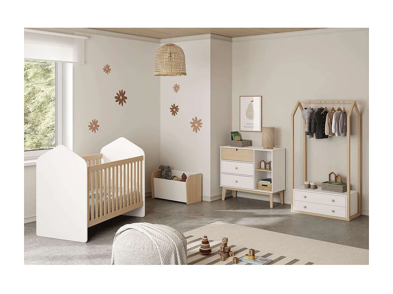 Perchero vestidor para dormitorio Dylan 2 cajones en blanco/cera blanca, 170cm(alto) 80cm(