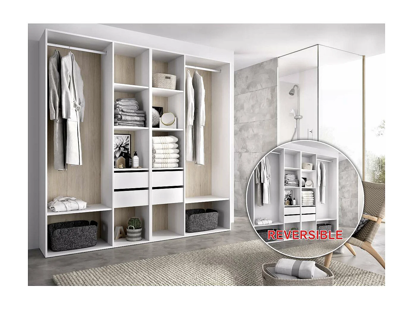 Vestidor Reus 4 cajones, 10 huecos y trasera reversible en blanco/natural, 205cm(alto) 196