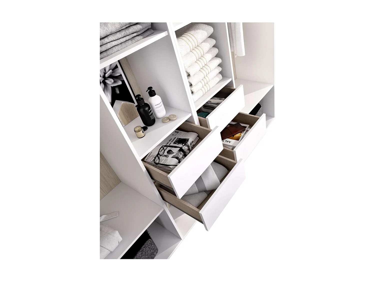 Vestidor Reus 4 cajones, 10 huecos y trasera reversible en blanco/natural, 205cm(alto) 196