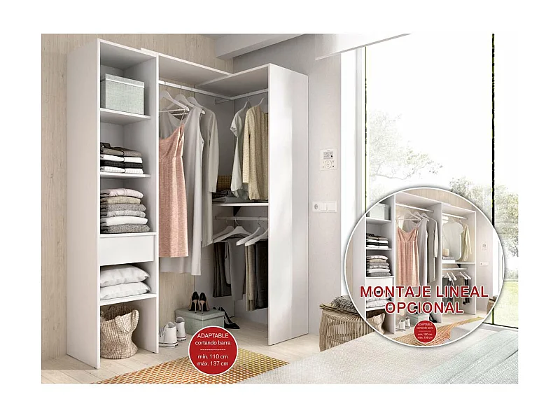 Vestidor de rincón-lineal Reus con estantes y cajón en blanco, 187cm(alto) 137cm(ancho)