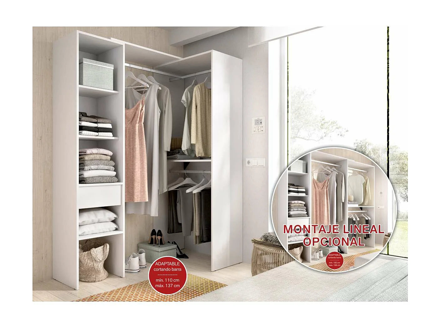 Vestidor de rincón-lineal Reus con estantes y cajón en blanco, 187cm(alto) 137cm(ancho)