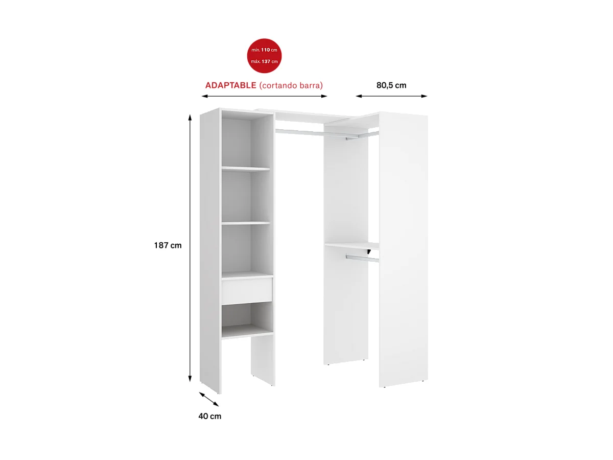 Vestidor de rincón-lineal Reus con estantes y cajón en blanco, 187cm(alto) 137cm(ancho)
