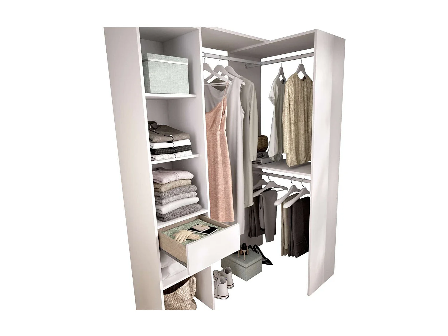 Vestidor de rincón-lineal Reus con estantes y cajón en blanco, 187cm(alto) 137cm(ancho)