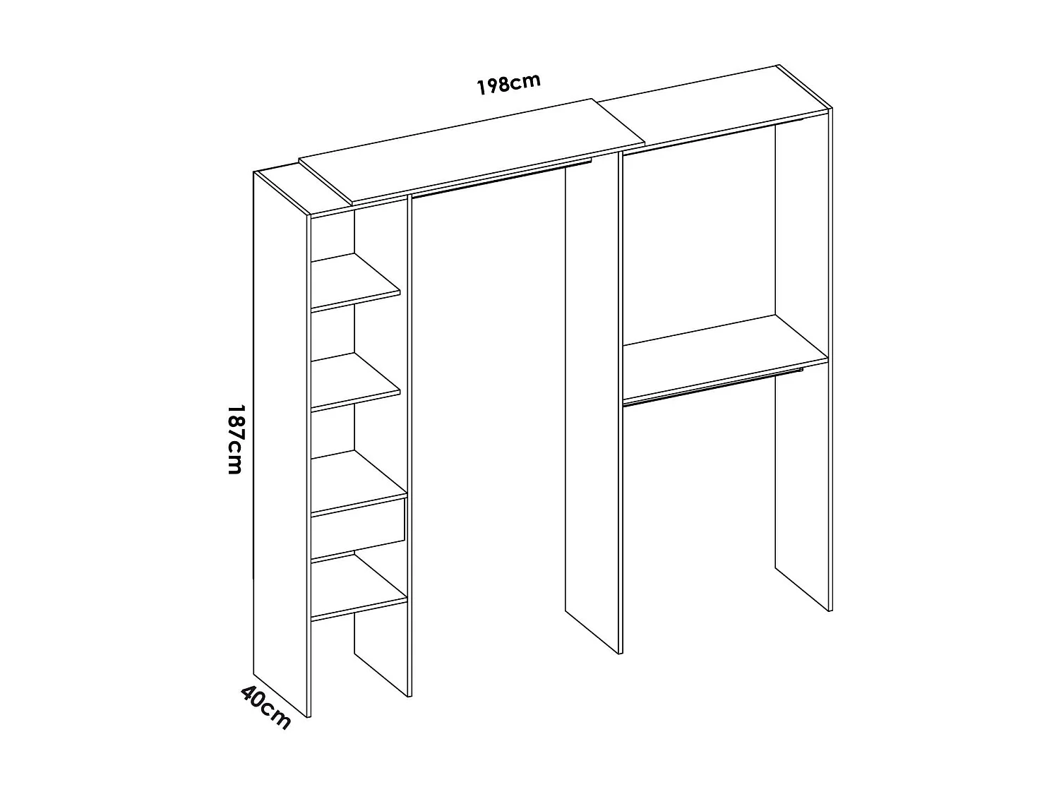 Vestidor de rincón-lineal Reus con estantes y cajón en blanco, 187cm(alto) 137cm(ancho)