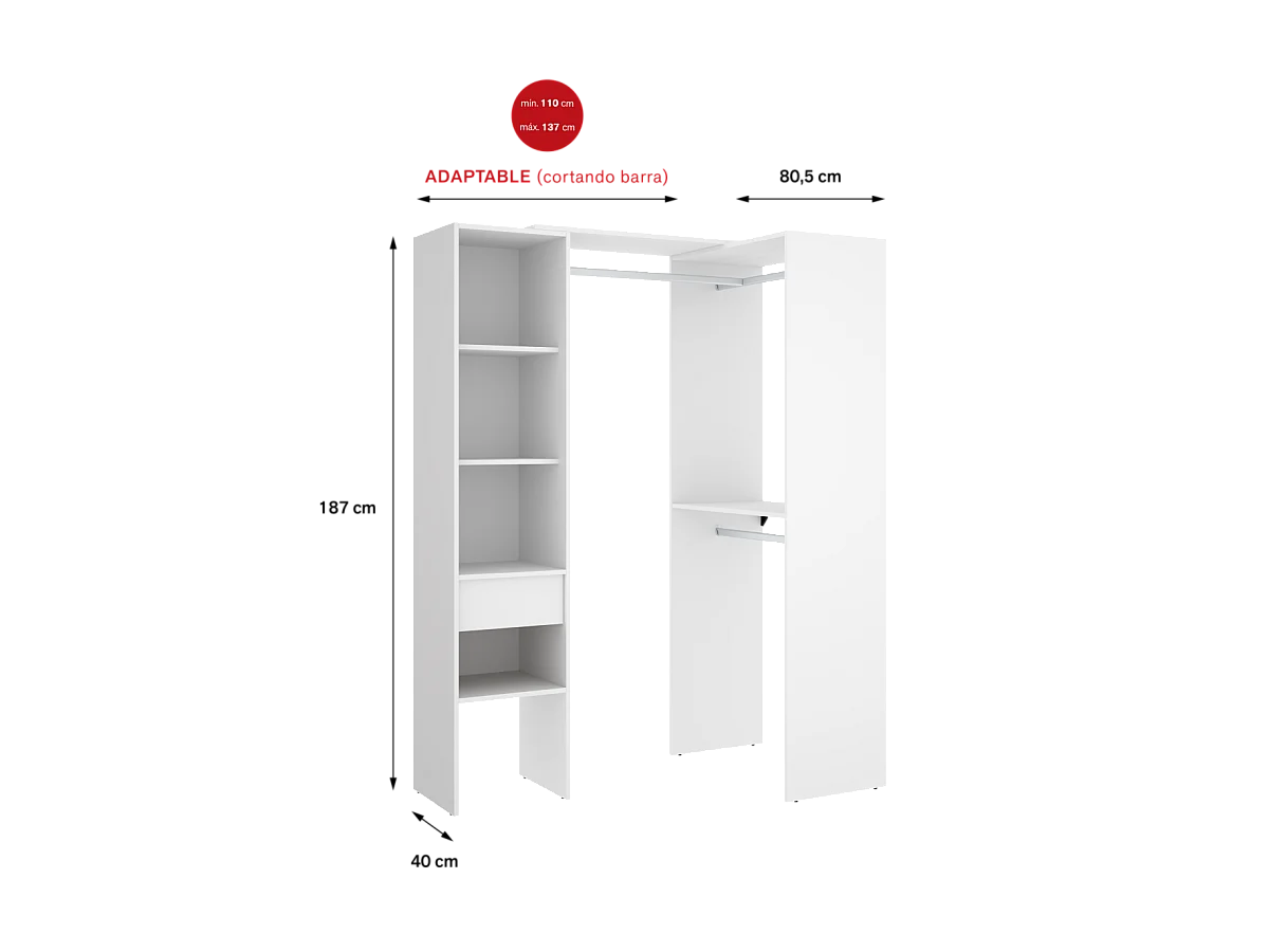 Vestidor de rincón-lineal Reus con estantes y cajón en blanco, 187cm(alto) 137cm(ancho)