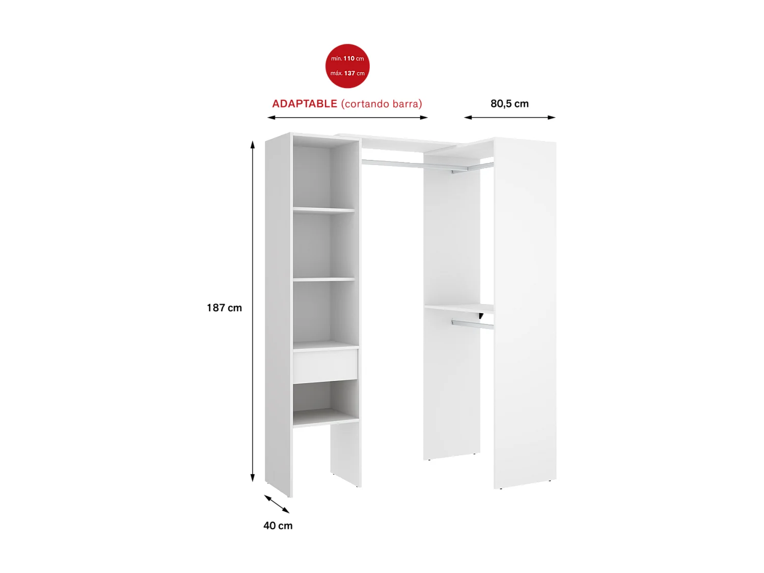 Vestidor de rincón-lineal Reus con estantes y cajón en blanco, 187cm(alto) 137cm(ancho)