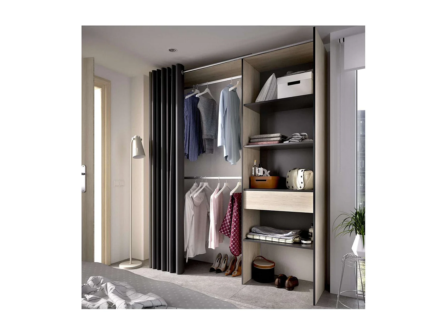 Vestidor Siles para dormitorio con cortina, 3 baldas y 1 cajon natural-grafito 205 cm(alto