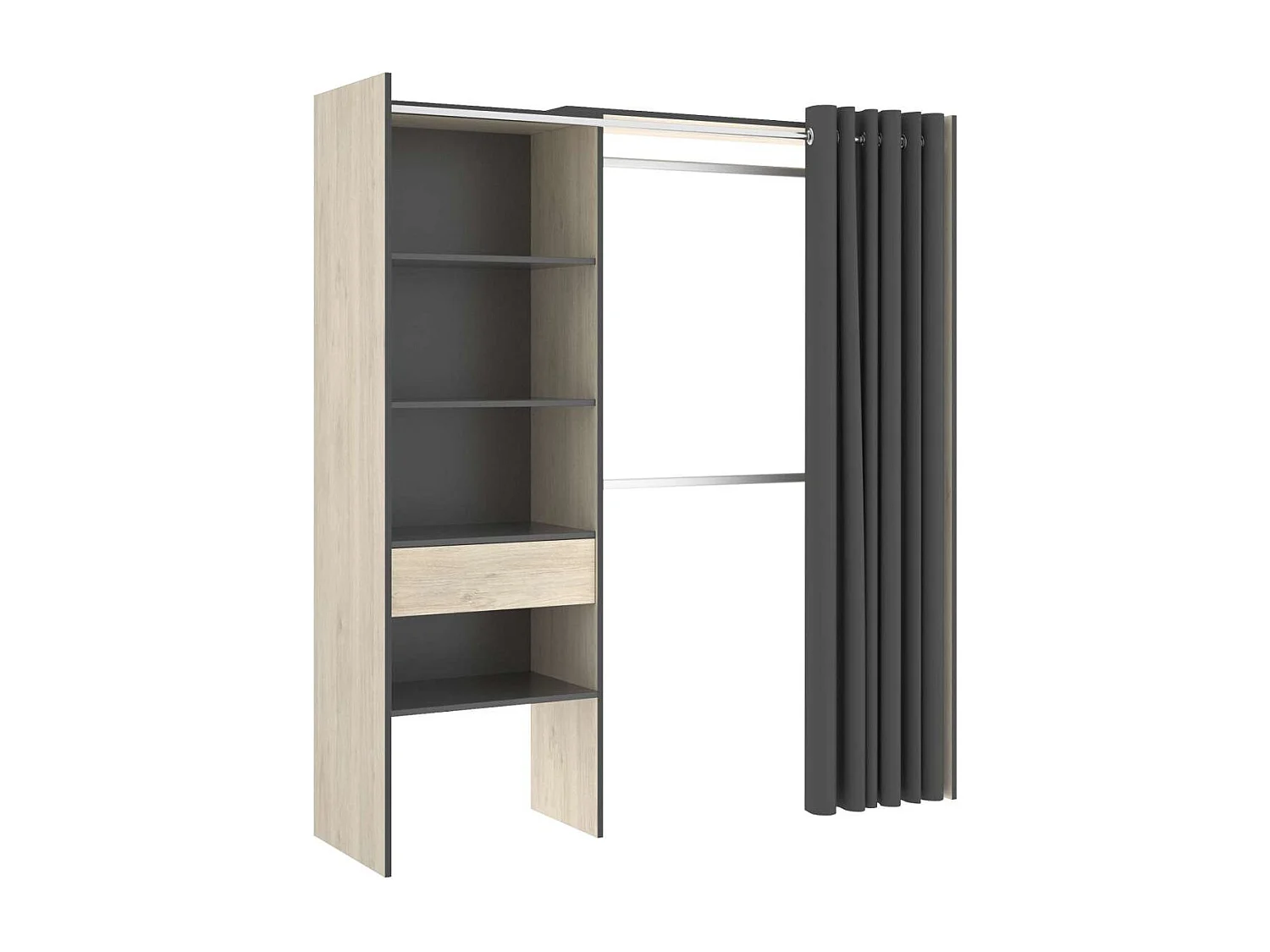 Vestidor Siles para dormitorio con cortina, 3 baldas y 1 cajon natural-grafito 205 cm(alto