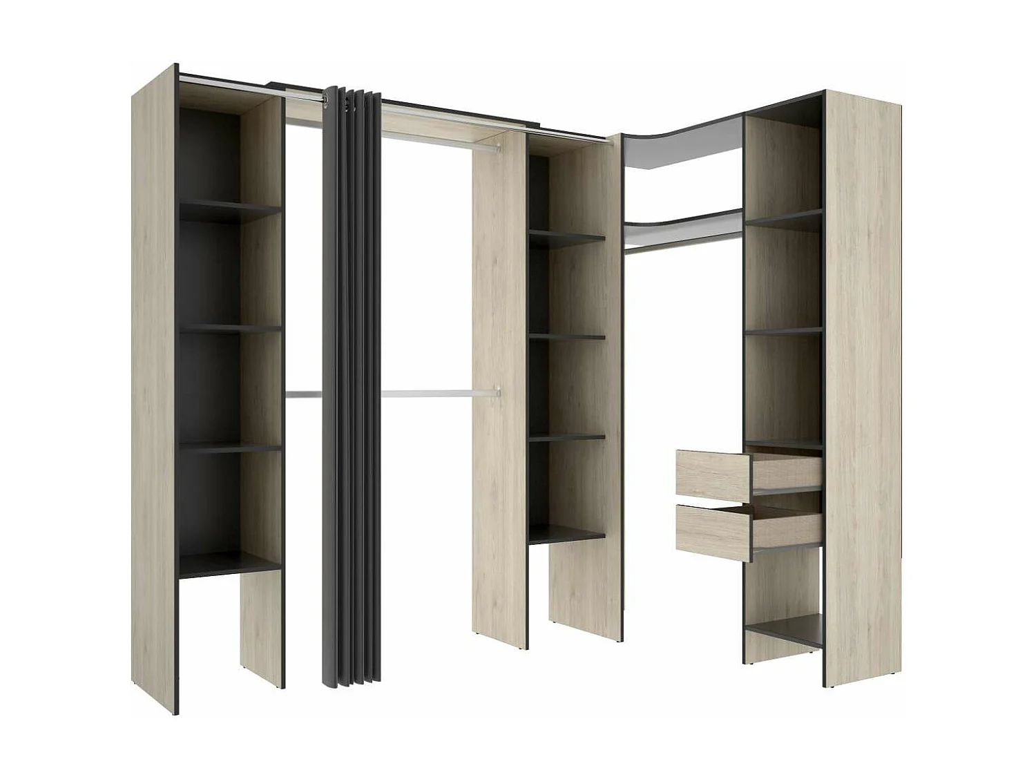 Vestidor de rincón Siles con cortina y cajones acabado natural/grafito, 205cm(alto) 234cm