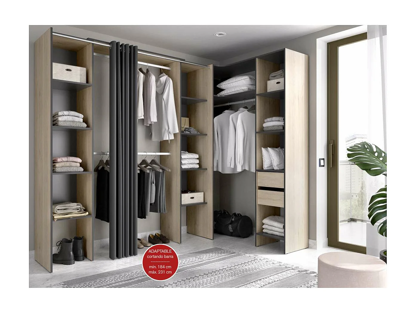 Vestidor de rincón Siles con cortina y cajones acabado natural/grafito, 205cm(alto) 234cm