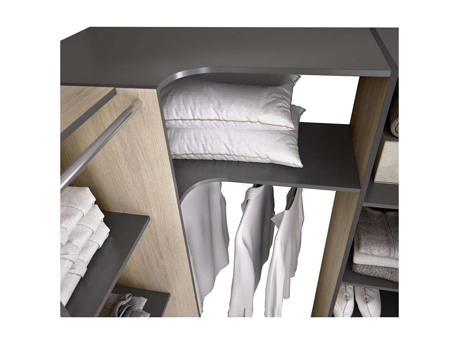 Vestidor de rincón Siles con cortina y cajones acabado natural/grafito, 205cm(alto) 234cm