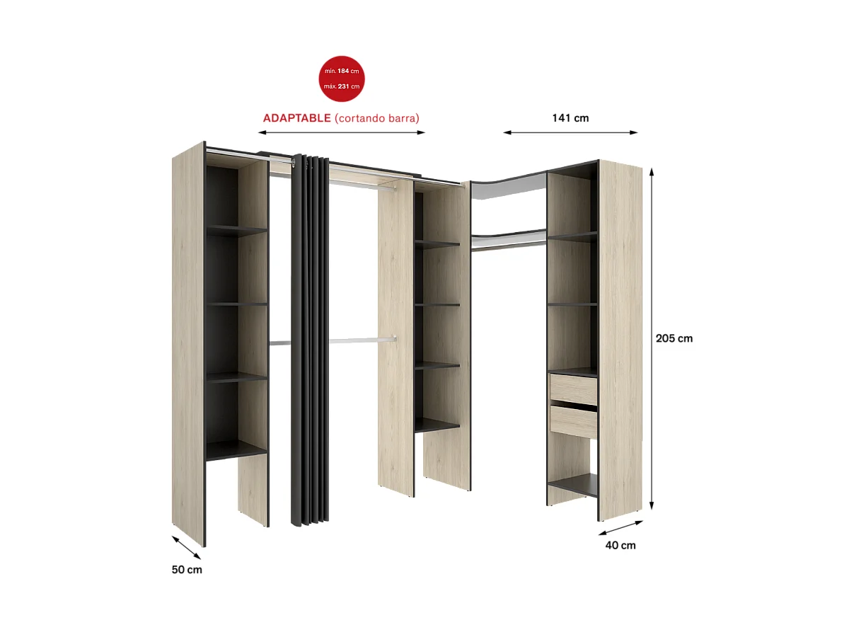Vestidor de rincón Siles con cortina y cajones acabado natural/grafito, 205cm(alto) 234cm
