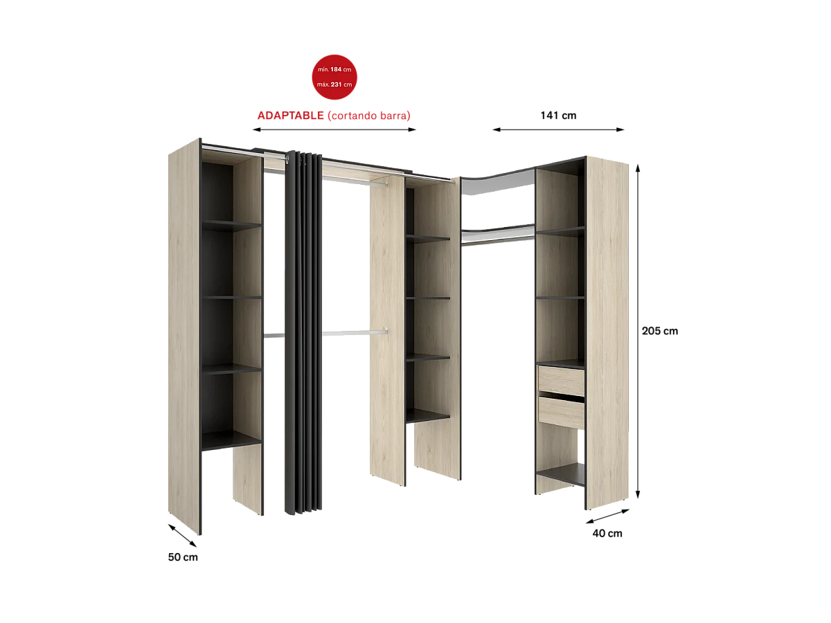 Vestidor de rincón Siles con cortina y cajones acabado natural/grafito, 205cm(alto) 234cm