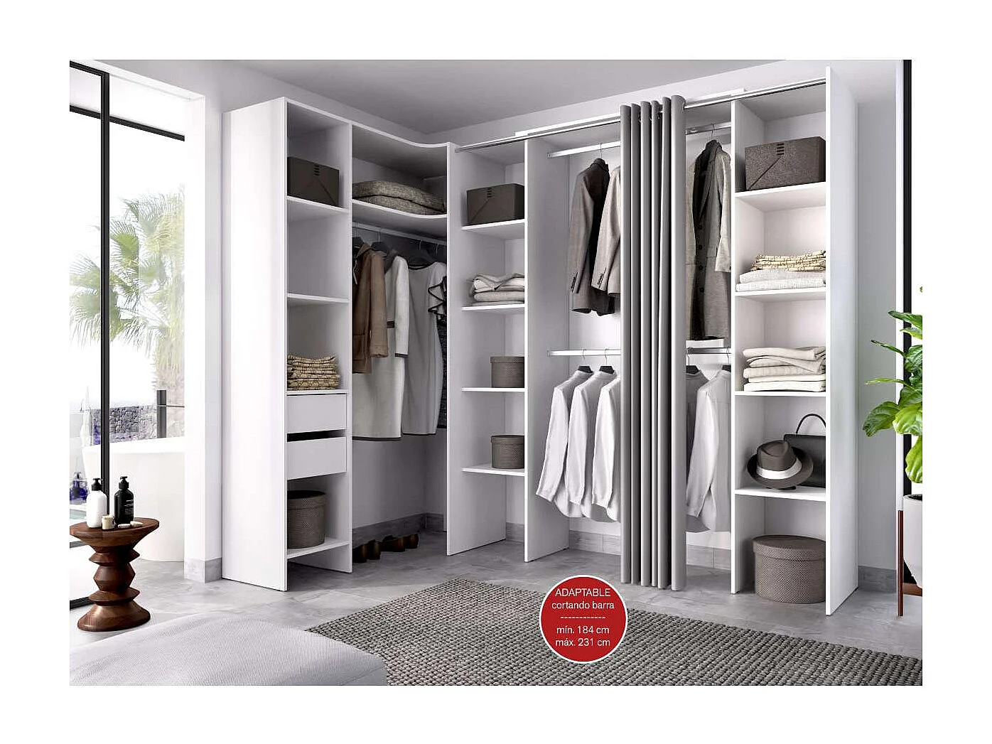 Vestidor de rincón Siles con cortina y cajones acabado blanco, 205cm(alto) 234cm(ancho) 1