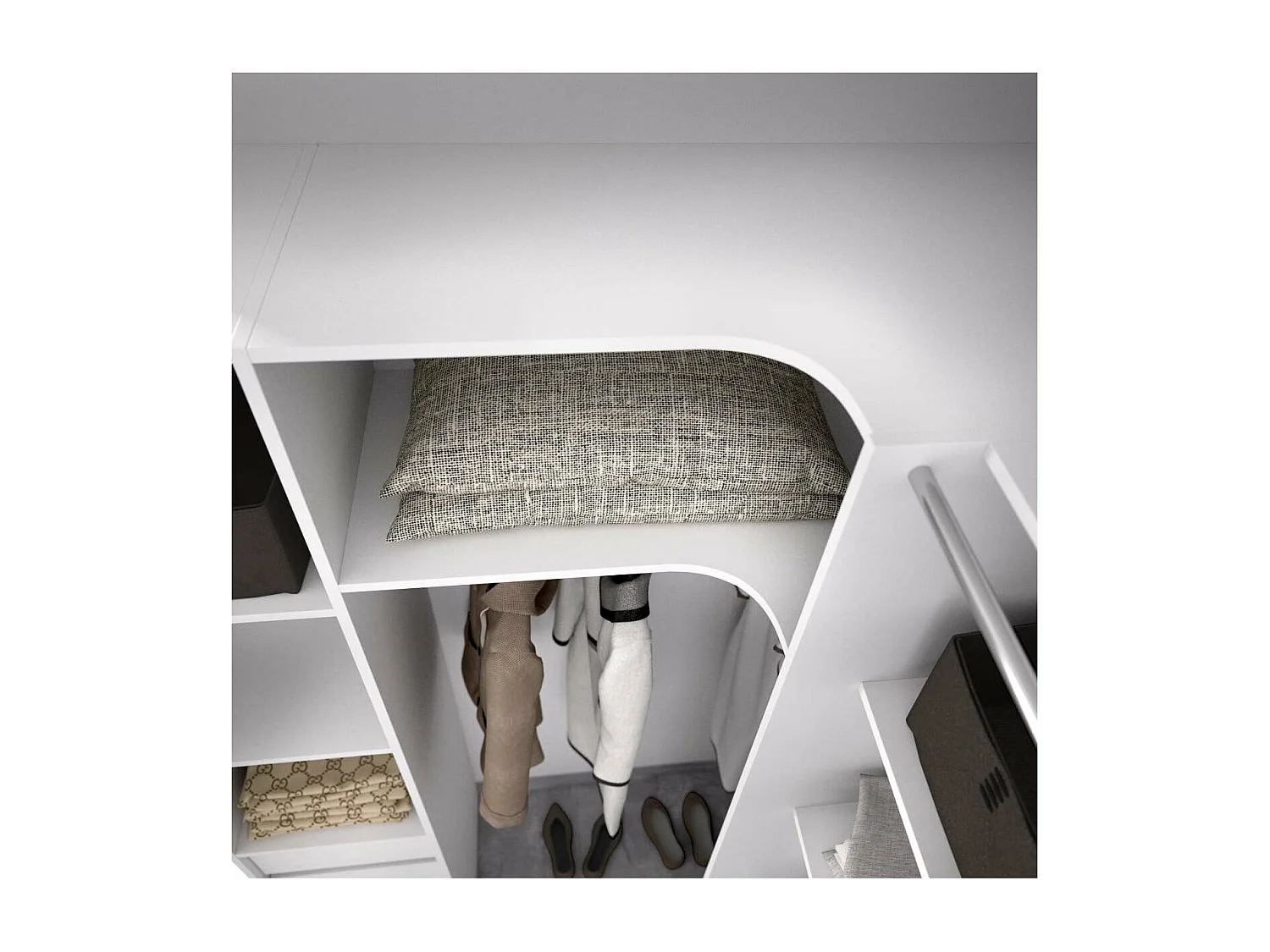 Vestidor de rincón Siles con cortina y cajones acabado blanco, 205cm(alto) 234cm(ancho) 1