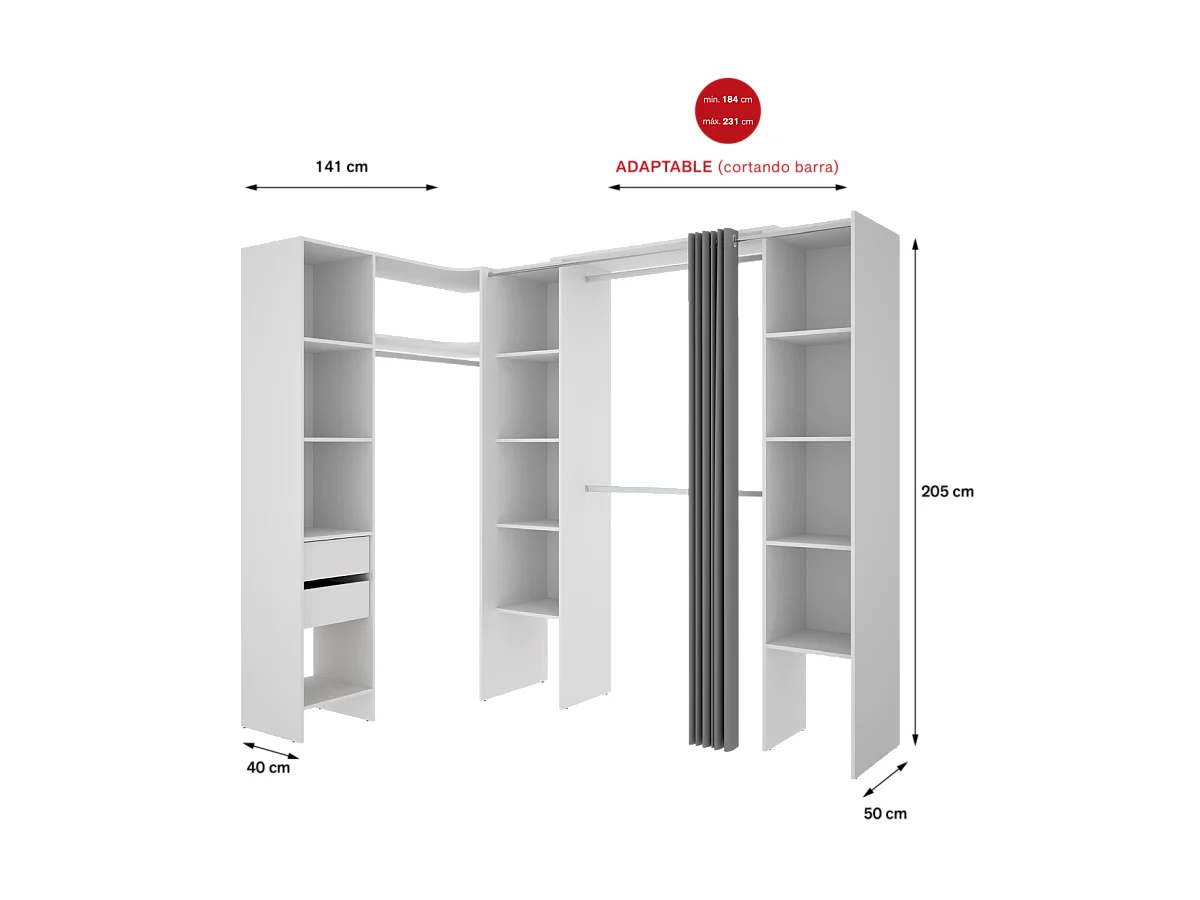 Vestidor de rincón Siles con cortina y cajones acabado blanco, 205cm(alto) 234cm(ancho) 1
