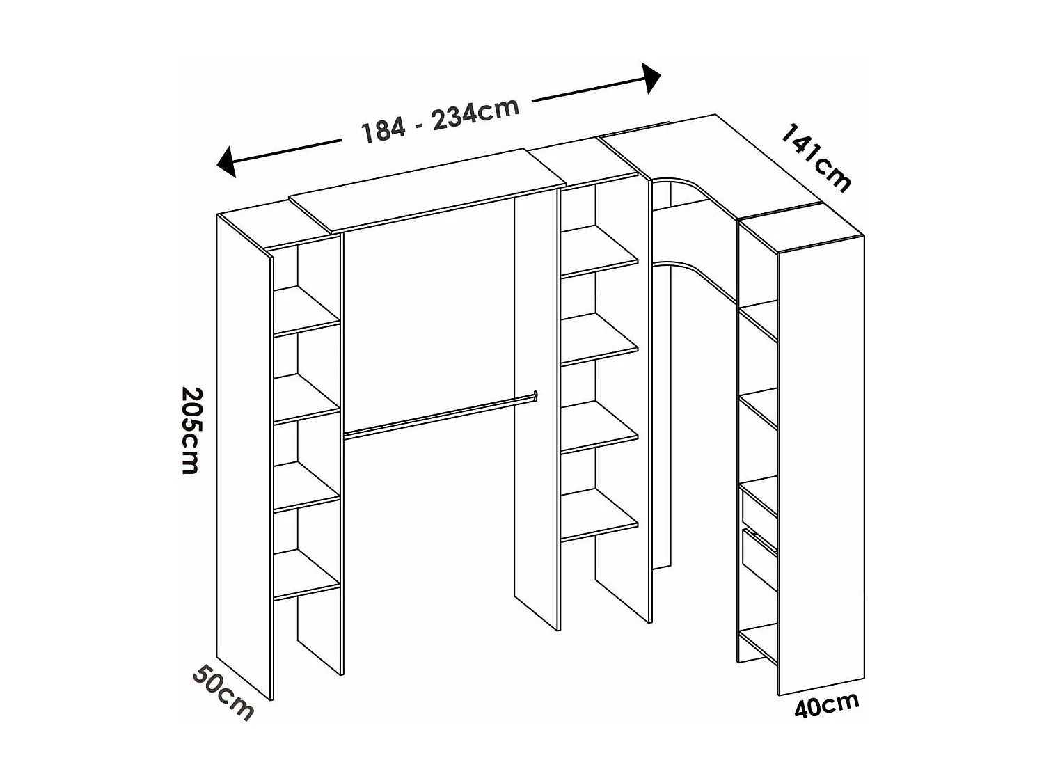 Vestidor de rincón Siles con cortina y cajones acabado blanco, 205cm(alto) 234cm(ancho) 1