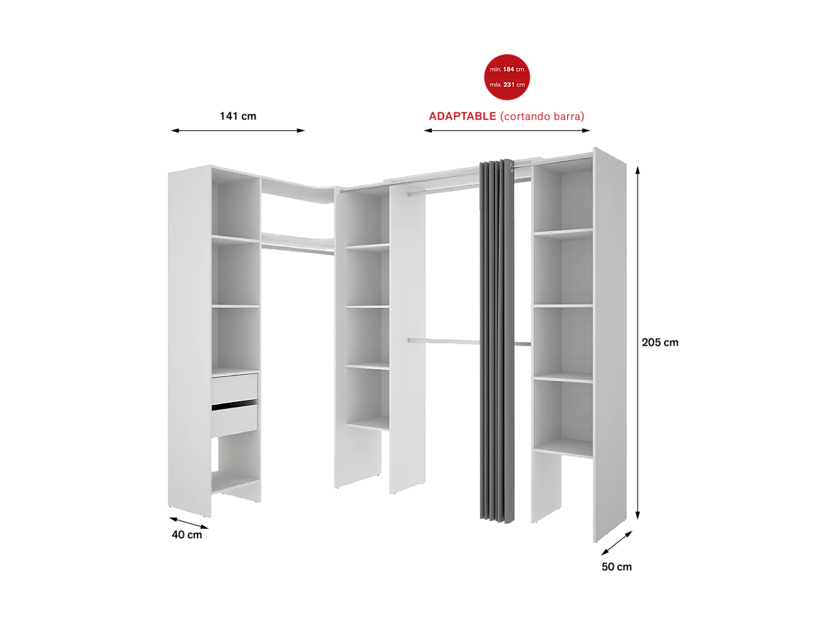 Vestidor de rincón Siles con cortina y cajones acabado blanco, 205cm(alto) 234cm(ancho) 1