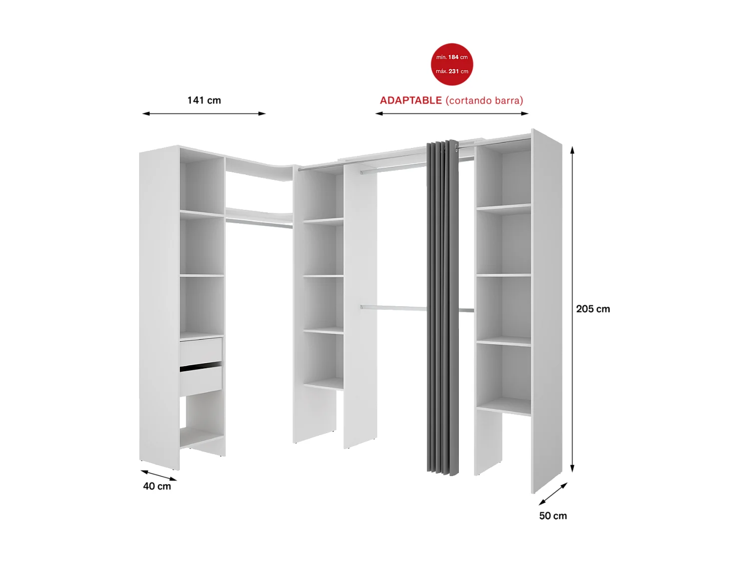 Vestidor de rincón Siles con cortina y cajones acabado blanco, 205cm(alto) 234cm(ancho) 1
