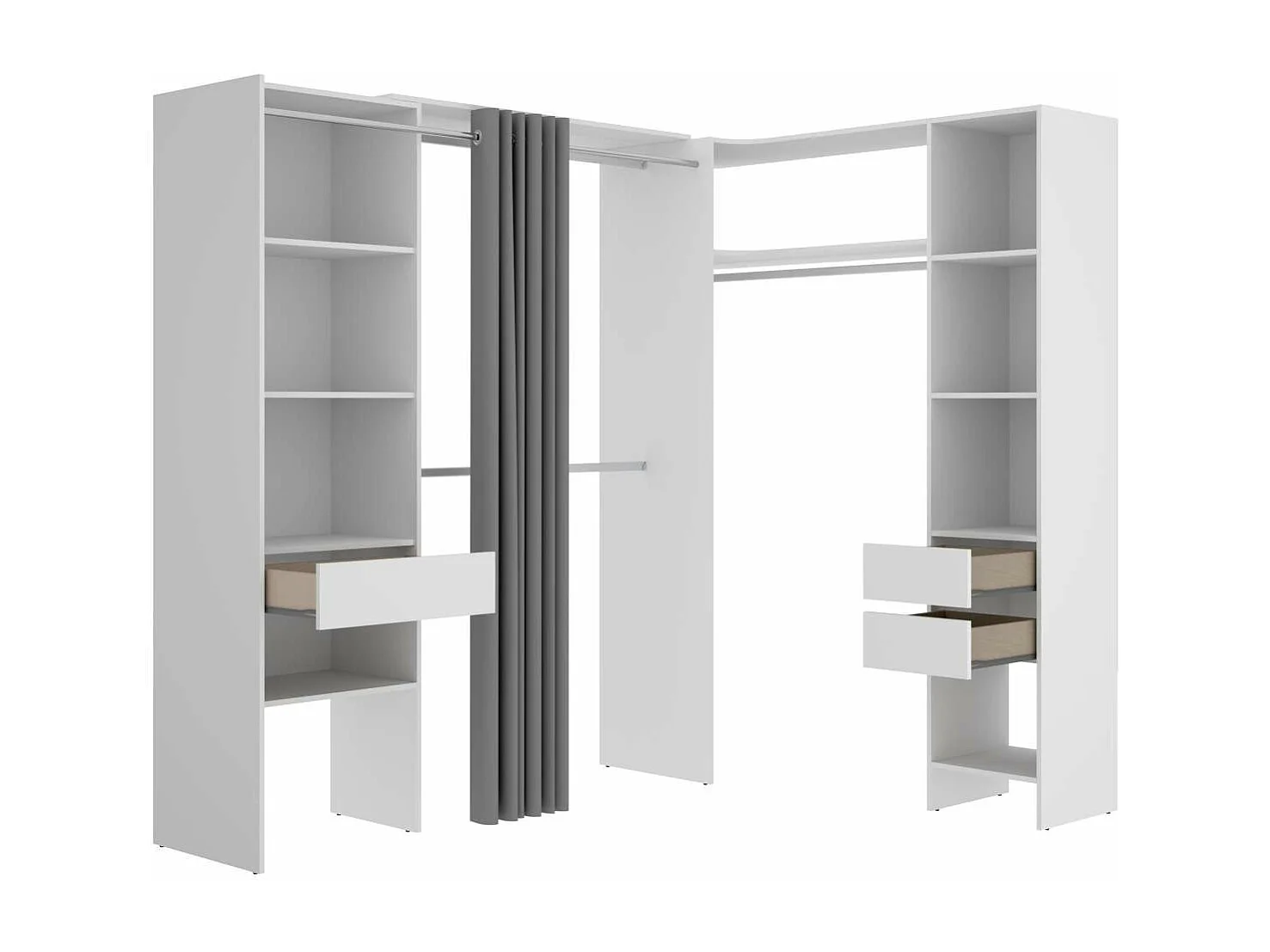 Vestidor de rincón Siles con cortina y cajones acabado blanco, 205cm(alto) 214cm(ancho) 1