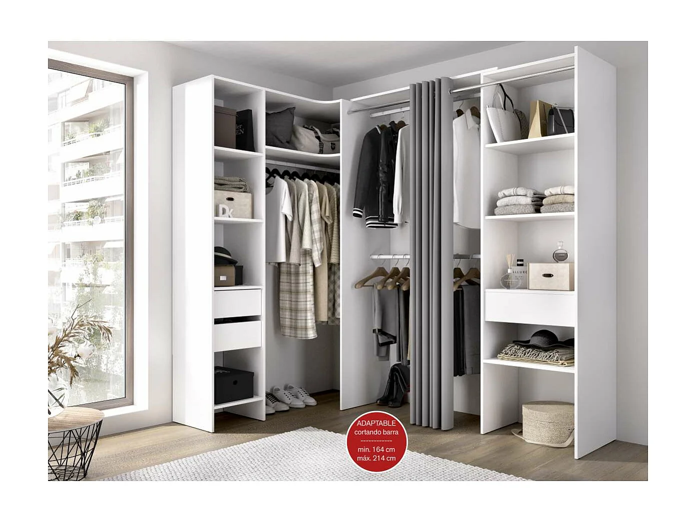 Vestidor de rincón Siles con cortina y cajones acabado blanco, 205cm(alto) 214cm(ancho) 1