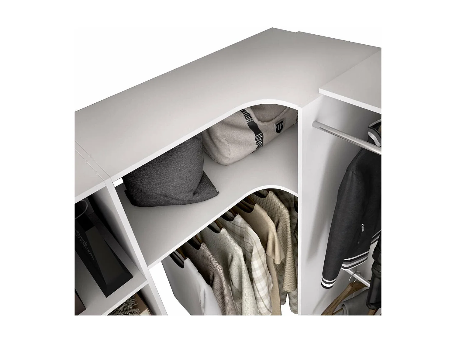 Vestidor de rincón Siles con cortina y cajones acabado blanco, 205cm(alto) 214cm(ancho) 1