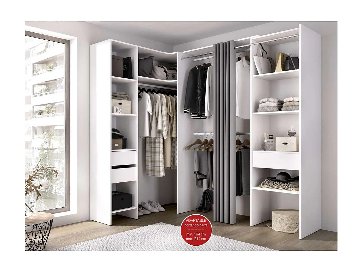 Vestidor de rincón Siles con cortina y cajones acabado blanco, 205cm(alto) 214cm(ancho) 1