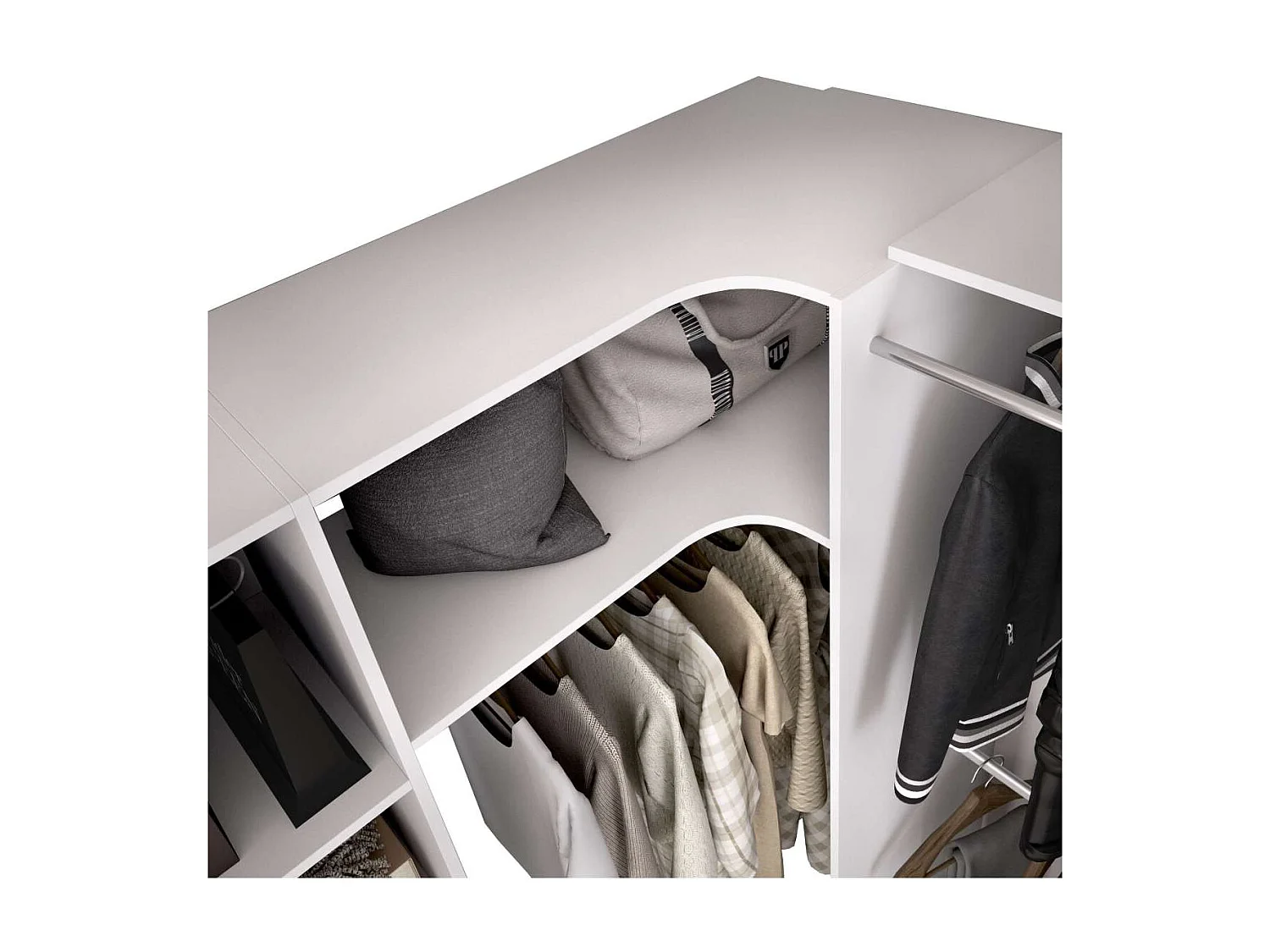 Vestidor de rincón Siles con cortina y cajones acabado blanco, 205cm(alto) 214cm(ancho) 1