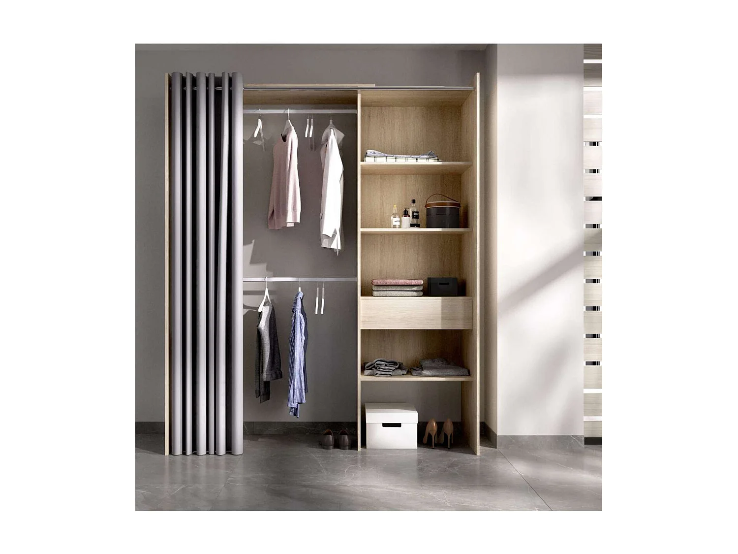 Vestidor Siles para dormitorio con cortina, 3 baldas y 1 cajon en roble natural 205 cm(alt