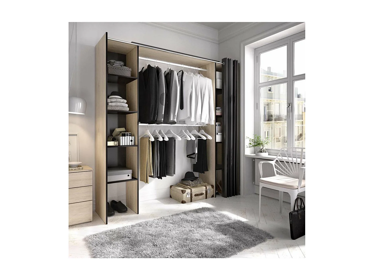 Vestidor Siles para dormitorio con cortina y baldas en natural-grafito 205-203 cm(alto)180