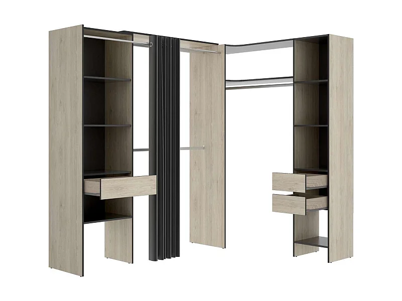 Vestidor de rincón Siles con cortina y cajones acabado natural/grafito, 205cm(alto) 214cm