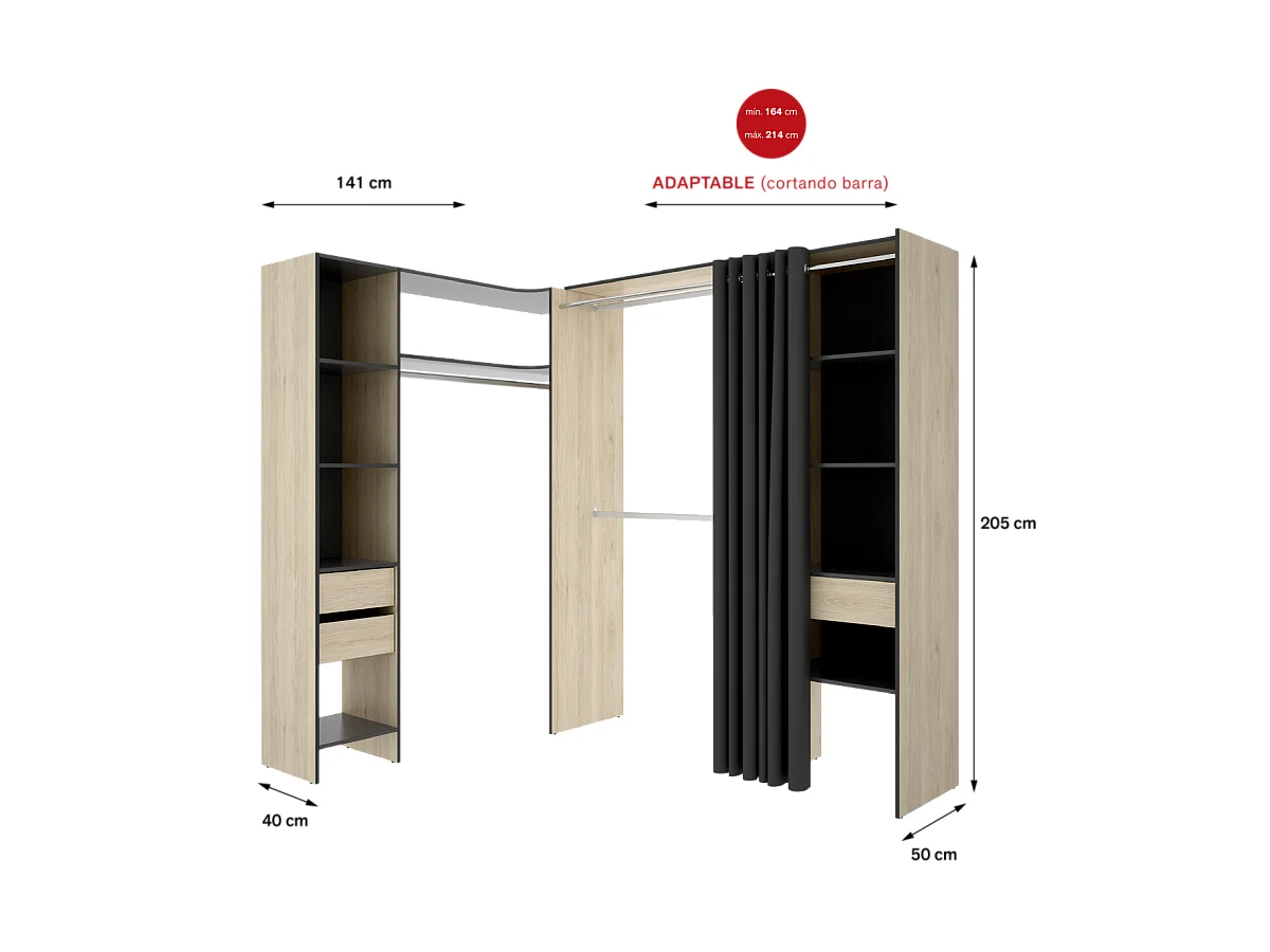 Vestidor de rincón Siles con cortina y cajones acabado natural/grafito, 205cm(alto) 214cm