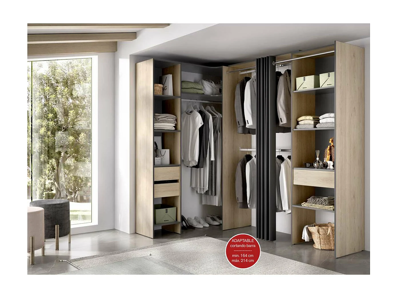 Vestidor de rincón Siles con cortina y cajones acabado natural/grafito, 205cm(alto) 214cm