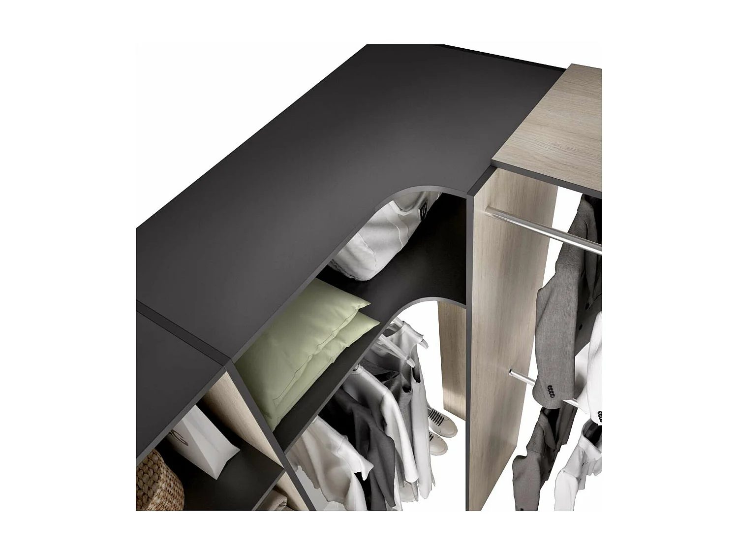 Vestidor de rincón Siles con cortina y cajones acabado natural/grafito, 205cm(alto) 214cm