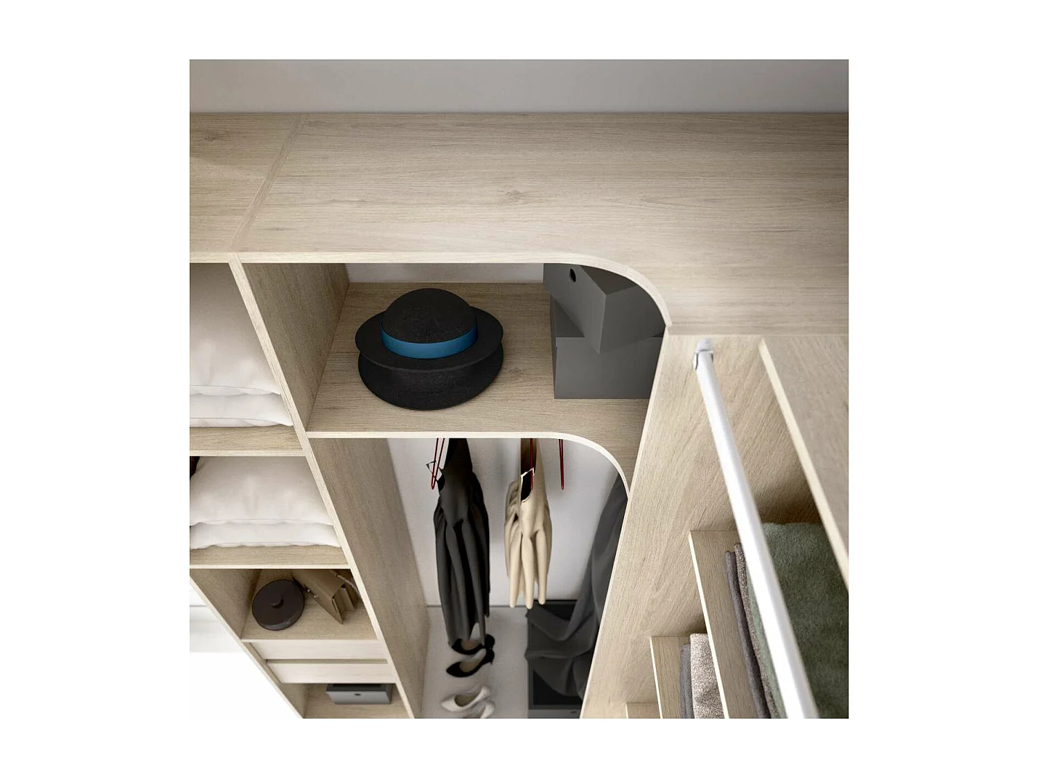 Vestidor de rincón Siles con cortina y 6 cajones acabado natural, 205cm(alto) 234cm(ancho