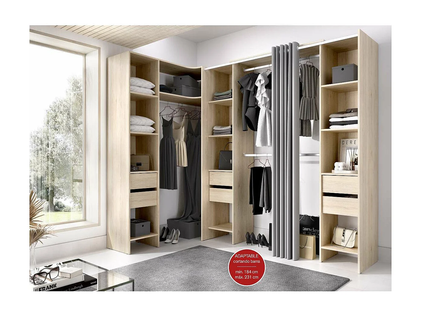 Vestidor de rincón Siles con cortina y 6 cajones acabado natural, 205cm(alto) 234cm(ancho