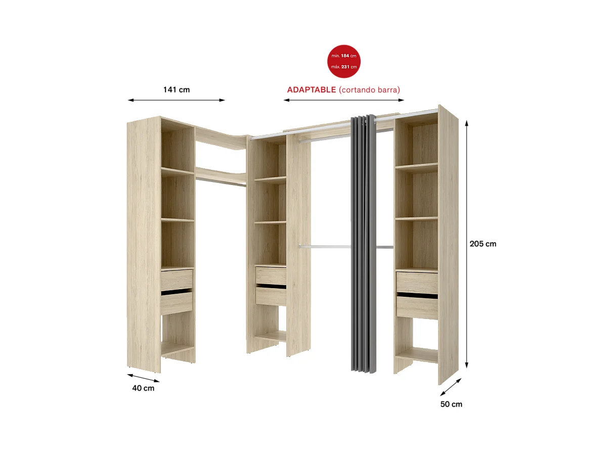 Vestidor de rincón Siles con cortina y 6 cajones acabado natural, 205cm(alto) 234cm(ancho