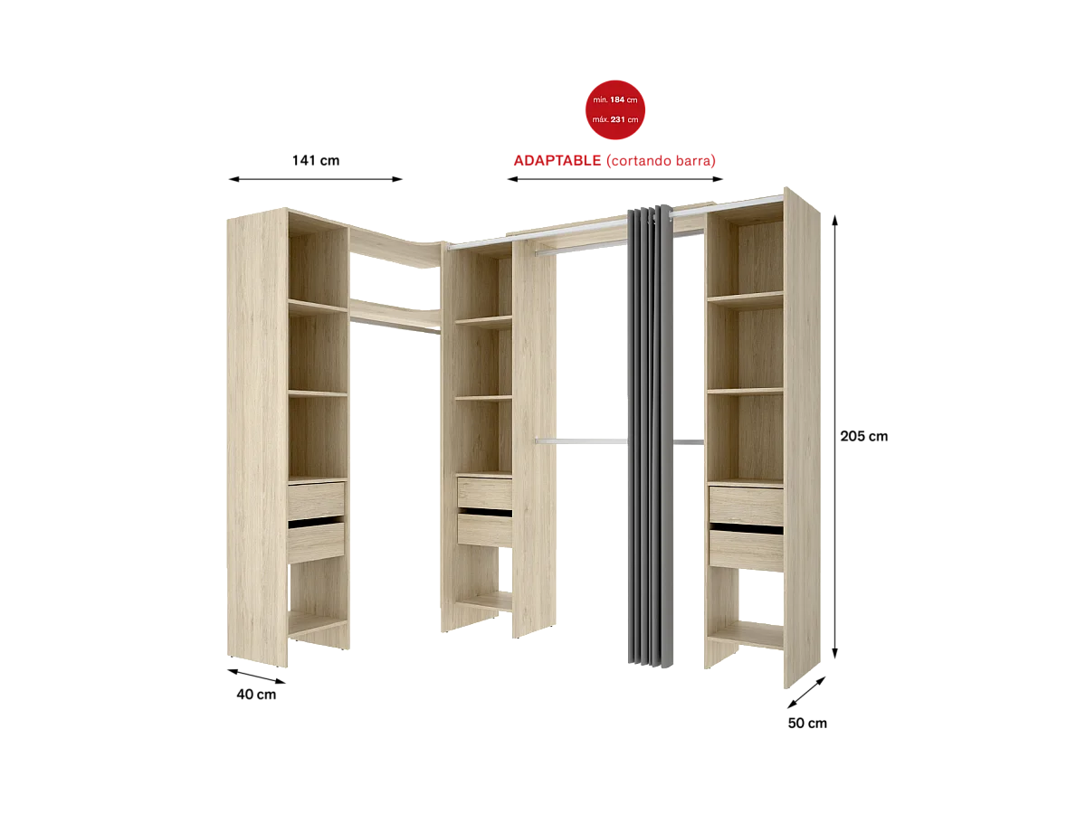 Vestidor de rincón Siles con cortina y 6 cajones acabado natural, 205cm(alto) 234cm(ancho