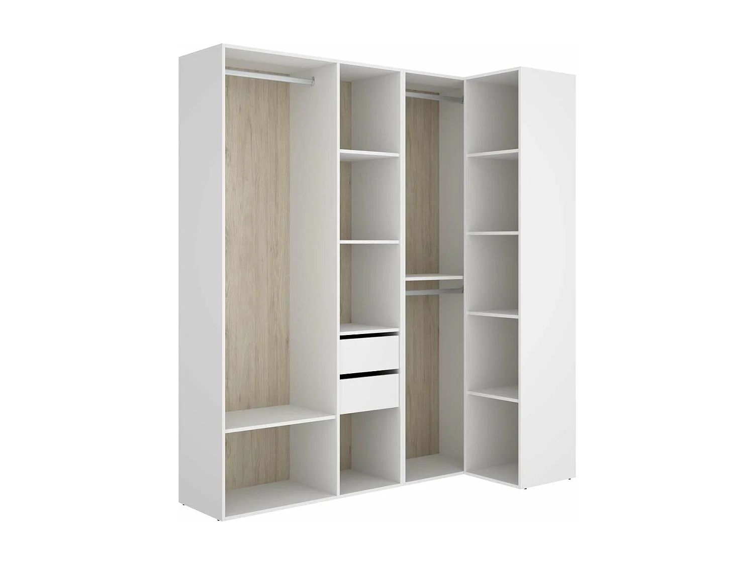 Vestidor de rincón Reus con estantes, 2 cajones y trasera reversible en blanco/natural, 2